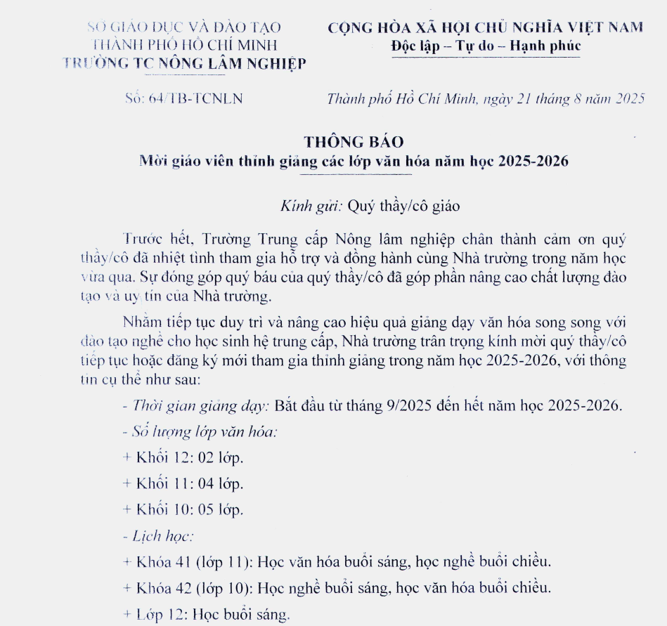Thông báo mời giáo viên thỉnh giảng các lớp văn hóa năm học 2025-2026